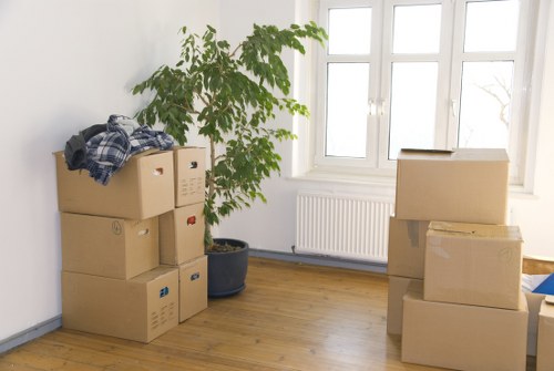 Organized storage shelves and packed boxes in a secure storage facility